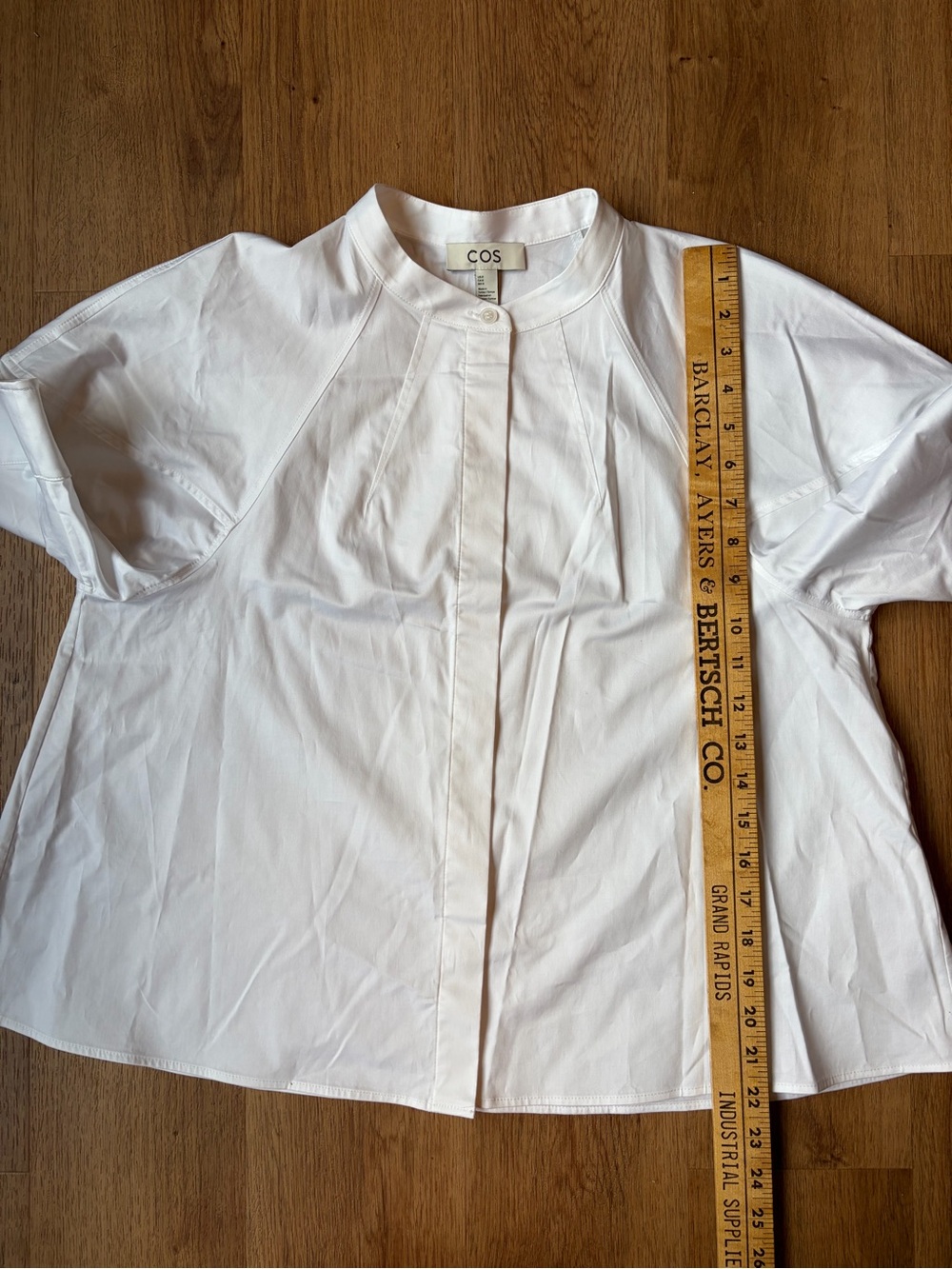 COS Puff Sleeve Blouse White Cotton Poplin Hidden Placket Band Collar US 8 - Picture 3 of 9
